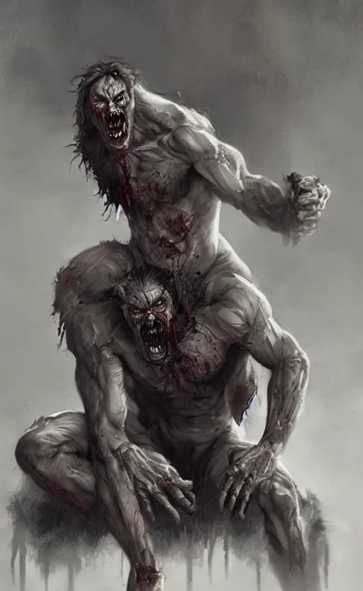 Image similar to Portrait of a zombie werewolf sitting down, male, muscular, bare thighs!!!, simple clothing!!!!!, fantasy, medieval, highly detailed, cinematic lighting, digital art painting by greg rutkowski