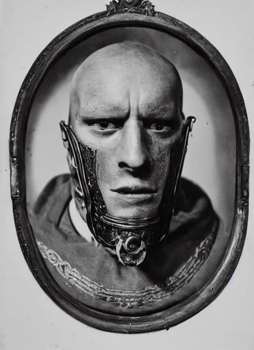 Image similar to photo portrait of 19 century male wearing brutal shiny metal face mask with fine detail engravings and runes cultist lord rich baron by Diane Arbus and Louis Daguerre