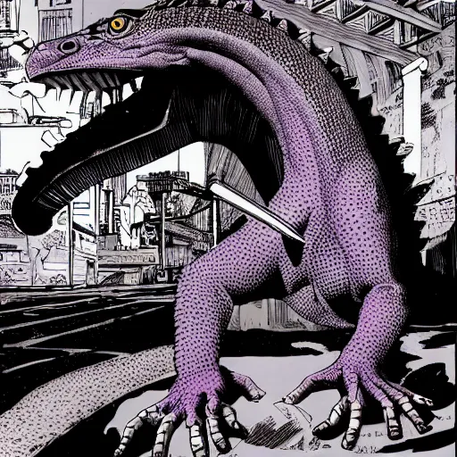 Image similar to precisely drawn illustration of a giant purple komodo dragon, wide angle, sharp, fine details, French comic style, cyberpunk, intense line art, 8k, precise linework, realistic, Richard Corben and Moebius