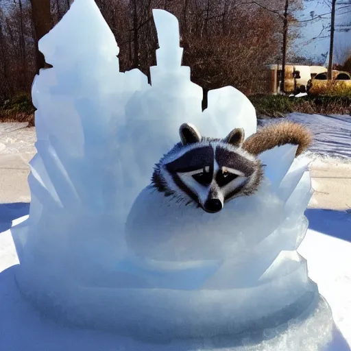 Image similar to an ice sculpture of a raccoon striking a heroic pose.