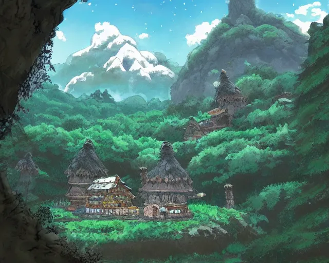 Image similar to mountain overseeing fantasy village next to a forest, studio ghibli style, hayao miyazaki, award winning photograph, highly detailed, artstation