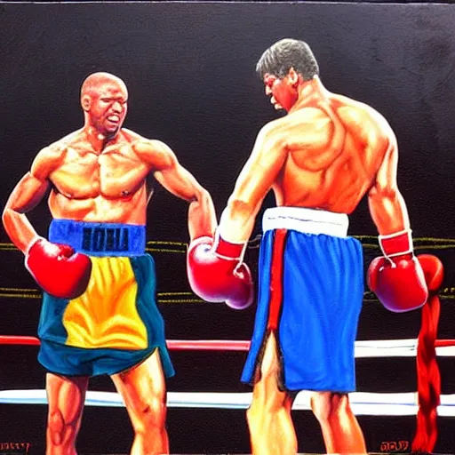 Image similar to rocky i fighting rocky iv oil painting