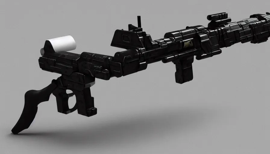 Image similar to extremely detailed realistic side view of a sci fi light machine gun, detailed trigger, chemically propelled, pattery powered, smooth streamline, battery and wires, railgun, tribarrel, gauss, elegant sleek smooth body, white paint, smooth utopian design, ultra high quality, minimalist, octane, cod, destiny, warframe, terminator