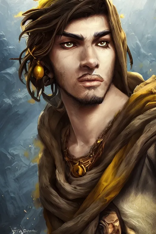 Image similar to portrait of young wild arabian nomad half werewolf, with yellow cloths, league of legends splash art, castlevania, hearthstone splash art, full body shot, rule of thirds, ultrafine hyperrealistic detailed face, artgerm, greg rutkowski, trending on artstation, 8 k, intricately detailed, highly detailed