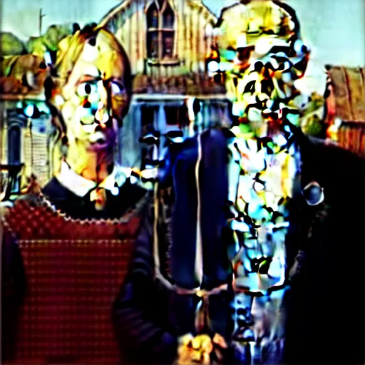 Prompt: american gothic replaced with horses, by grant wood