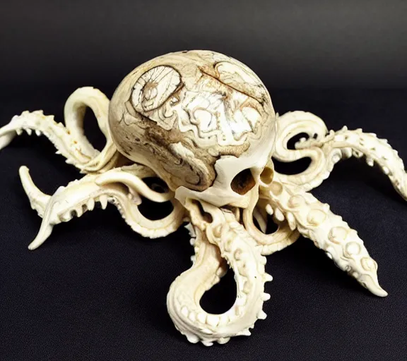 Image similar to an intricately detailed carving in an alien - octopus skull, rococo ornate bone and ivory sculpted skull with teeth and tentacles, horror, artifact, micro detailed, inscribed with occult symbols, otherworldly