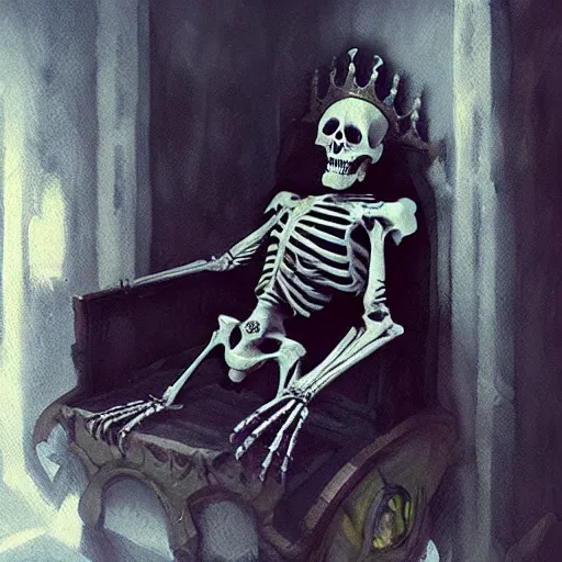 Prompt: Skeleton King, resting on his throne, oil painting, by Fernanda Suarez and Greg Rutkowski