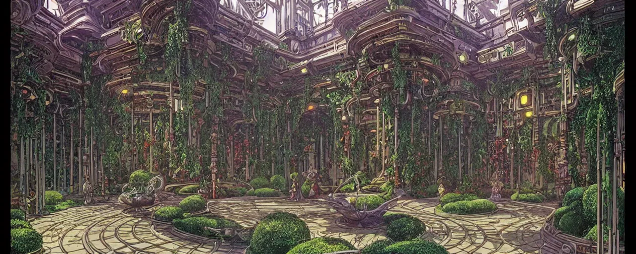 Image similar to a luxurious scifi futuristic victorian garden courtyard by killian eng, moebius, philippe druillet