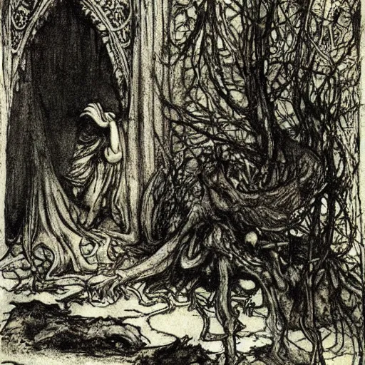 Image similar to once upon a midnight dreary, while i pondered, weak and weary, over many a quaint and curious volume of forgotten lore, by arthur rackham, highly detailed,