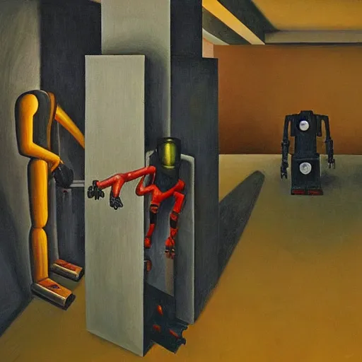 Image similar to drab human workers building robots, watched by evil fascist robots, brutalist factory chapel, dystopian, pj crook, edward hopper, oil on canvas