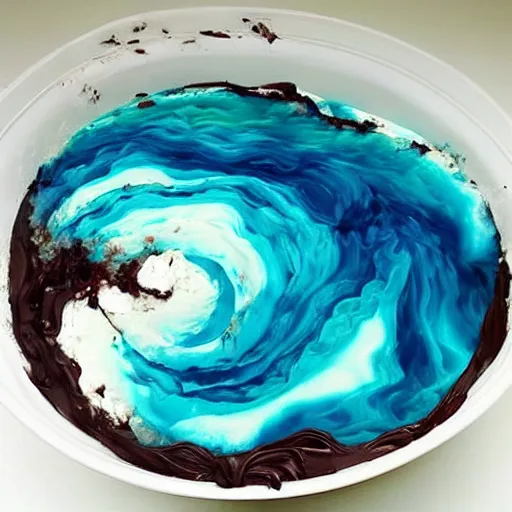 Prompt: a huge ocean swave made of liquid chocolate