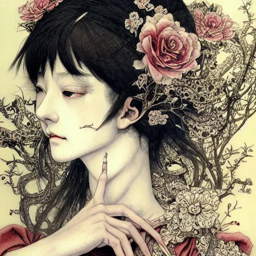 Image similar to prompt: Portrait painted in renaissance style drawn by Vania Zouravliov and Takato Yamamoto, inspired by Fables, china doll face, smooth face feature, intricate oil painting, high detail, sharp high detail, manga and anime 2000