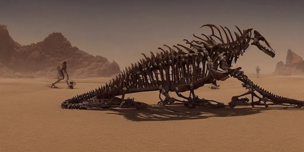 Prompt: screenshot from a movie, epic matte painting of a giant reptile skeleton in a sandy desert with scientists in the foregroud for scale, cinematic cinematography masterpiece, greg rutkowski, and ivan aivazovski, roger deakins