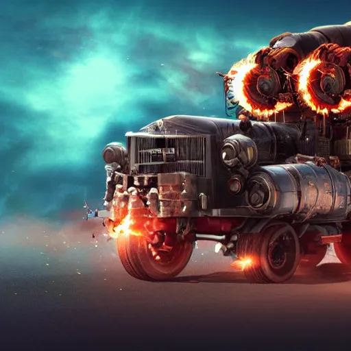 Prompt: A dieselpunk ogre truck with red flames and guns sticking out of it, jet engines with fire and sparks from the back of the trunk in deep space, lush vivid soft colors of sun set, hosing battering ram on front on truck, filigree planets in a stellar nebula, a small Ogre driver , DSLR, HDR, octane render, 3d shading, cgsociety, Horde3d, ambient occlusion, volumetric lighting, ray tracing, 3dexcite, Zbrush, Substance Designer, behance HD, lightWave 3d, Ureal Engine , Monet painting by Kait Kybar