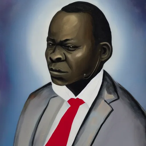 Prompt: a painting of a loving, caring fatherly wide forehead, aquiline nose, round face, XXL , generous, ever-present, humble, wise elder from Kenya in a silver suit and red tie by Kara Walker . Fatherly/daddy, focused, loving, leader, relaxed. Gold background, heavenly lights, details, smooth, sharp focus, illustration, realistic, cinematic, artstation, award winning, rgb , unreal engine, octane render, cinematic light, macro, depth of field, blur, light and clouds, highly detailed epic cinematic concept art CG render made in Maya, Blender and Photoshop, octane render, excellent composition, dynamic dramatic cinematic lighting, aesthetic, very inspirational, arthouse.