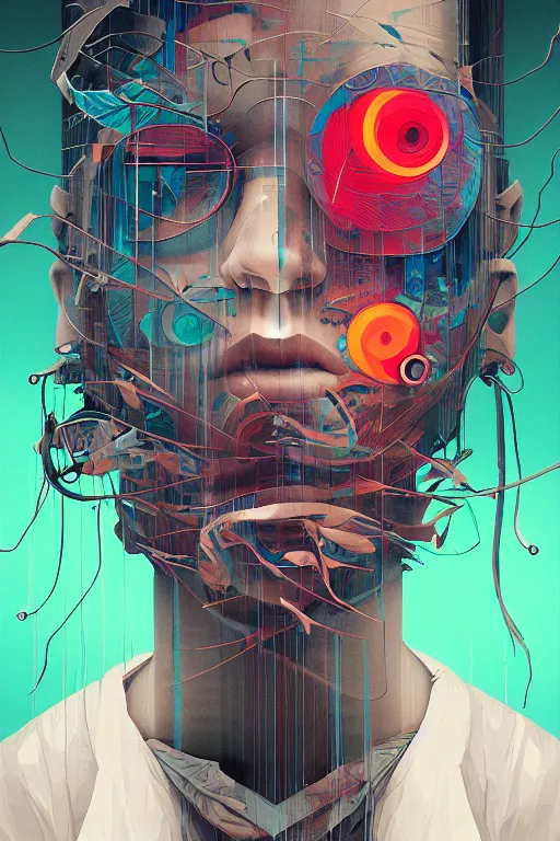 Image similar to abstract portrait, cyberpunk art, floating detailes, very detailed face, leaves by miyazaki, colorful palette illustration, kenneth blom, mental alchemy, james jean, pablo amaringo, naudline pierre, contemporary art, hyper detailed