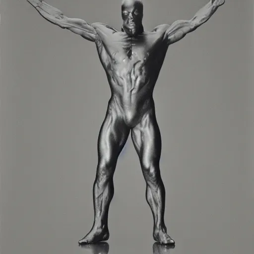 Image similar to full body portrait of the silver surfer, in style of robert mapplethorpe, 3 5 mm,