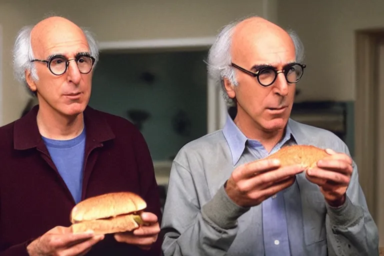 Image similar to larry david eating a sandwich, horror film still, dark atmosphere