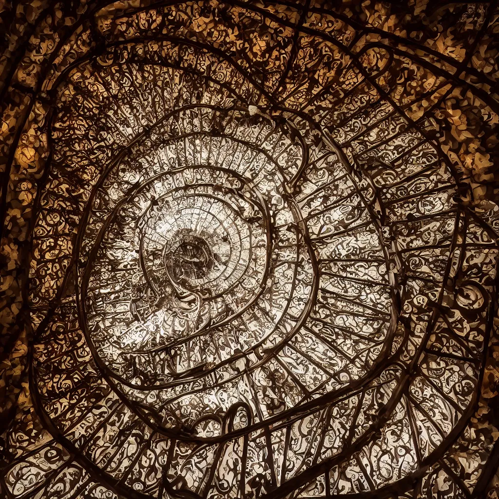 Image similar to , grand spiral stairs going down deep in the dark, with many doors ad ornamented widows, architecture by antoni gaudi, dramatic volumetric, cinematic light, cinematic photography, hyperrealist, high detailed