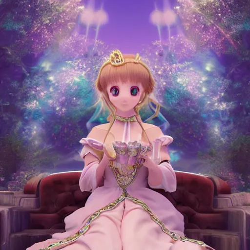 Image similar to a pleasant, beautiful, funny, smooth 3D CG render, semirealistic anime style, a noble priestess magician princess girl wearing dress and jewelry, in a glorious magic kingdom, relaxing calm vibes, fairytale