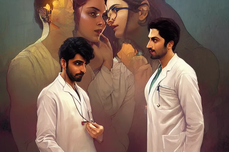 Image similar to Anxious good looking pale young Indian doctors talking, portrait, elegant, intricate, digital painting, artstation, concept art, smooth, sharp focus, illustration, art by artgerm and greg rutkowski and alphonse mucha