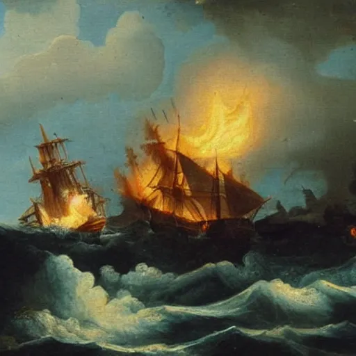 Prompt: oil painting of a ship on stormy waters, the ship is burning, 1 8 th century, antique painting