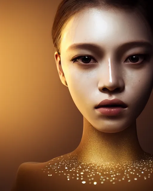 Image similar to pearl skinned girl, golden droplets on her face, casual clothes, chessboard pattern, she is looking up, intricate, crystal eyes, perfect face, atmosphere, glowing, radiant, dancing in the mud, cinematic lighting, high quality, perfect, 8 k high detail, masterpiece, trending on artstation, by seunghee lee, chengwei pan