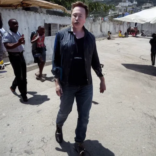 Prompt: elon musk drunk in the streets of port - au - prince