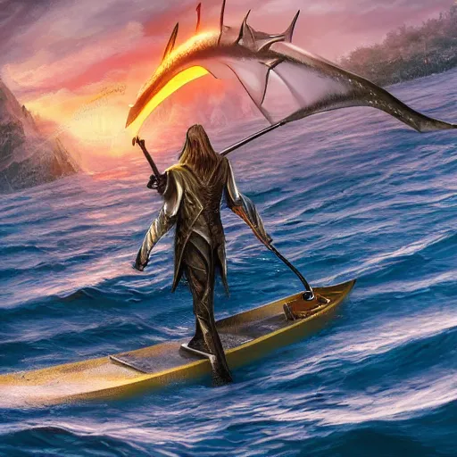 Image similar to lord sauron on his new paddle fishing a giant swordfish, digital art, trending on art station, high quality, uhd 8 k, beautiful, golden hour, intricate detail, high gradient, raytracing