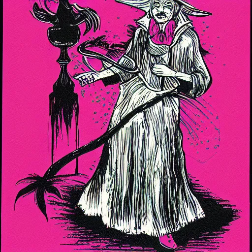 Prompt: a risograph of a witch from the 80s