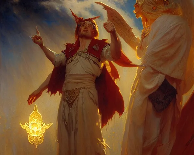 Image similar to attractive male deity, casting demonic magic, summoning handsome lucifer morning star. highly detailed painting by gaston bussiere, craig mullins, j. c. leyendecker 8 k