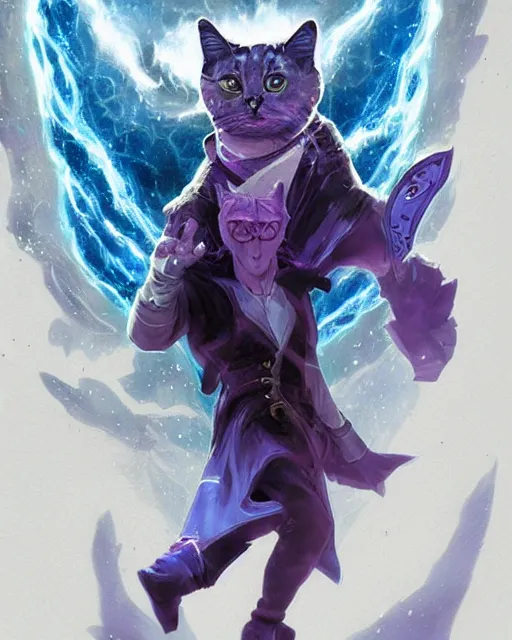 Image similar to Cat Illusionist, portrait, purple and blue, magic the gathering artwork, D&D, fantasy, cinematic lighting, centered, symmetrical, highly detailed, digital painting, artstation, concept art, smooth, sharp focus, illustration, volumetric lighting, epic Composition, 8k, art by Akihiko Yoshida and Greg Rutkowski and Craig Mullins, oil painting, cgsociety