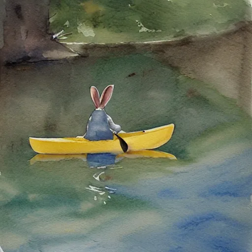 Image similar to a rabbit paddling a kayak on a small stream, watercolour realism