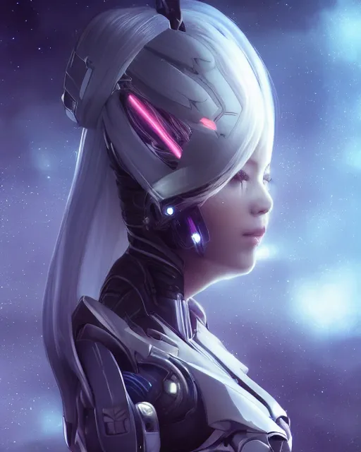 Image similar to perfect android girl on a mothership, warframe armor, beautiful face, scifi, futuristic, galaxy, nebula, raytracing, dreamy, long white hair, blue cyborg eyes, sharp focus, cinematic lighting, highly detailed, artstation, divine, by gauthier leblanc, kazuya takahashi, huifeng huang