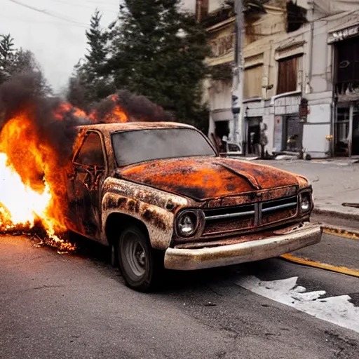 Prompt: photograph of a rusty dodge ram on fire in the street