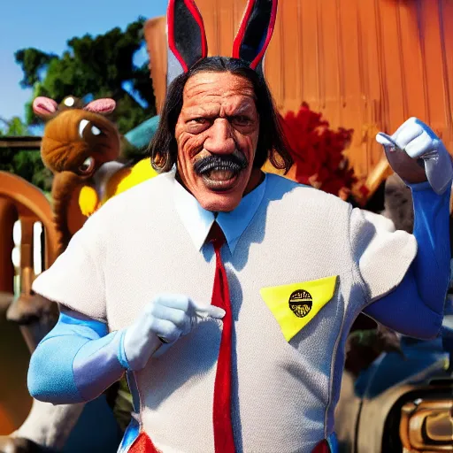 Image similar to Danny Trejo as Bugs Bunny from Looney Tunes, live action movie, set photo in costume, cosplay, photograph