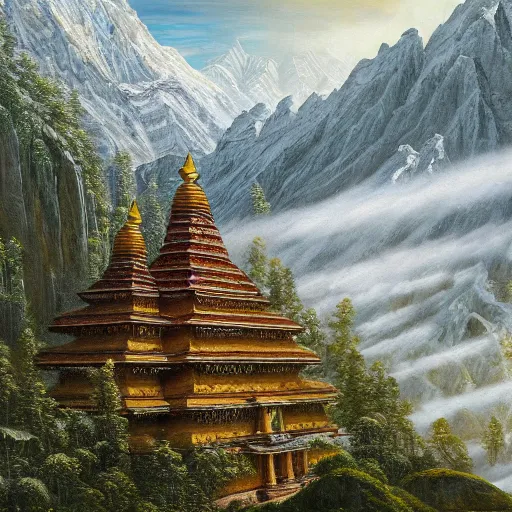 Image similar to a beautiful and highly detailed oil painting of an nepali temple in the snowy mountains, detailed trees and cliffs, forgotten valley, swirling mist, lush forests, intricate details, epic scale, insanely complex, 8 k, sharp focus, hyper realism, fantasy landscape, psychedelic, by caspar friedrich,