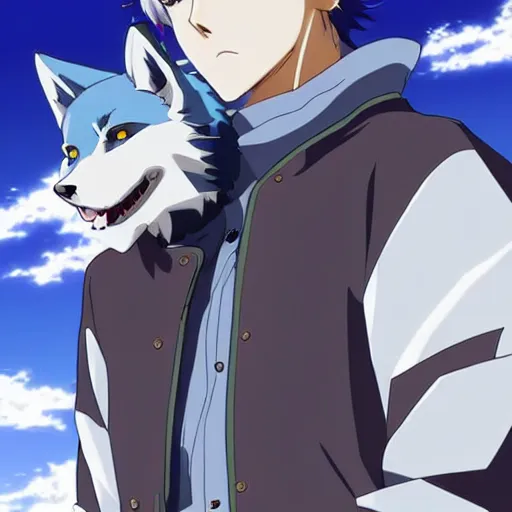 Image similar to modern anime still an anthro dark blue wolf furry fursona in a lavish outfit, handsome anime eyes, key anime visuals with anime environmental background