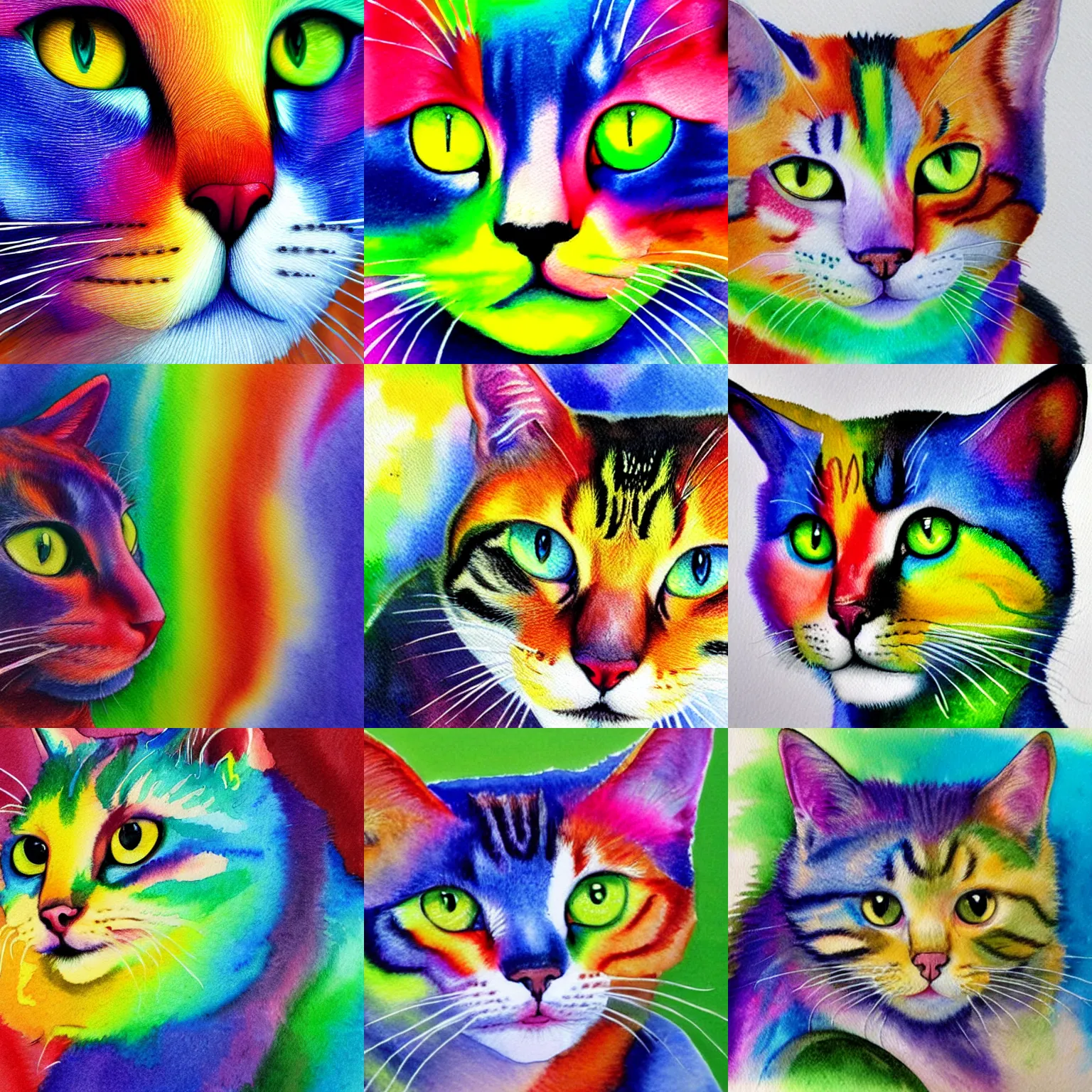 Prompt: Watercolour painting of the first ever created rainbow coloured cat, 8k resolution, hyperrealistic, vivid colours