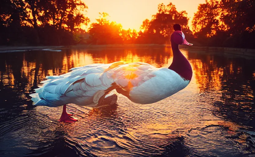 Prompt: Muscovy duck dancing on water, beautiful flowing fabric, sunset, dramatic angle, 8k hdr pixiv dslr photo by Makoto Shinkai and Wojtek Fus