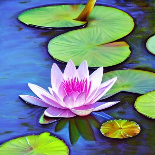 Image similar to waterlily flower, painting, detailed, magical environment, peaceful, beautiful, artwork, realistic detail, natural lighting, brush strokes, pintrest, behance