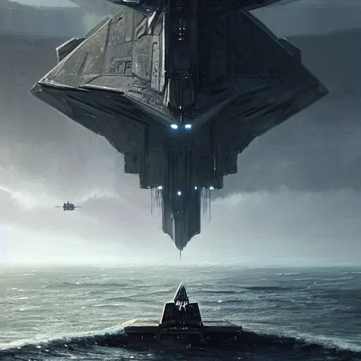 Prompt: star wars concept art by greg rutkowski, a palatial and imposing spaceship imperial star destroyer emerging from the sea in the middle of a ocean landscape, enigmatic atmosphere, beautiful and cinematic lighting, artstation hq.
