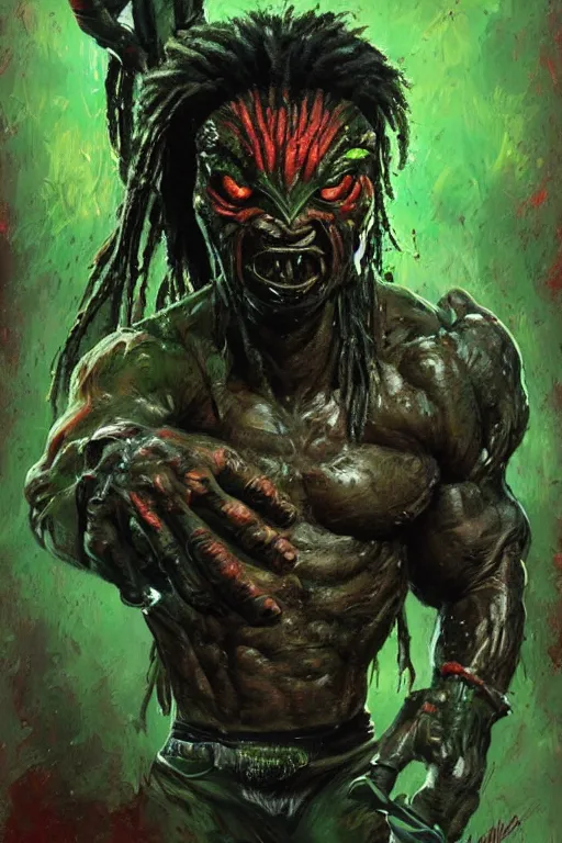 Prompt: pierre emmanuel saubade turned into the predator from 1 9 8 6 movie, artstation, concept art, smooth, sharp focus ilustration hq, painting in the style of leroy neiman, green tones