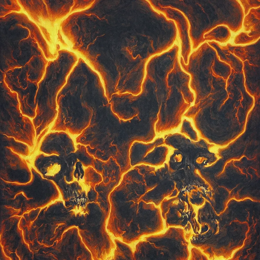 Image similar to an active supervolcano exploding with fire and thick smoke in the shape of a demonic skull by dan seagrave art