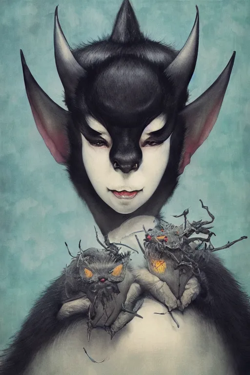 Image similar to a portrait of a japanese bat face devil animal illustrated by miyazaki by karol bak, james jean, tom bagshaw, rococo, sharp focus, trending on artstation, cinematic lighting, hyper realism, octane render, 8 k, hyper detailed, vivid, ultra detailed, highly detailed