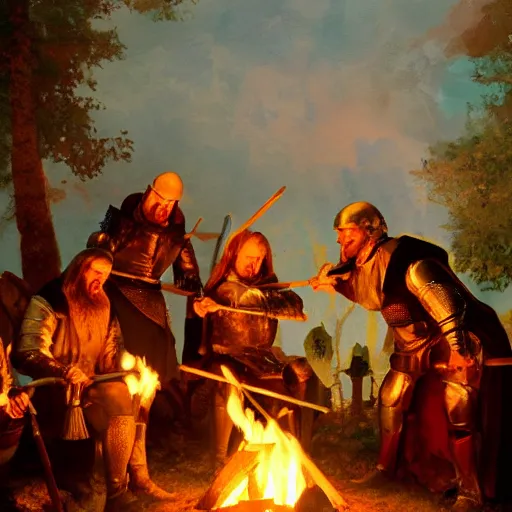 Prompt: a painting of medieval knights toasting marshmallows and making s'mores around the campfire in the style of howard pyle. volumetric lighting. 8 k resolution. best detail. trending on artstation trending on deviantart