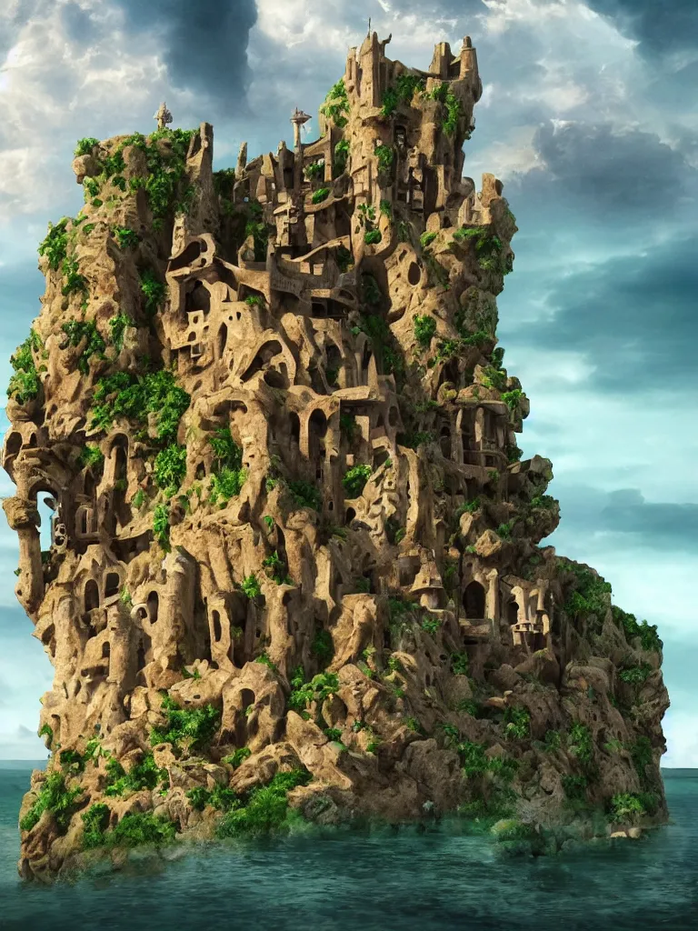 Image similar to stunning wide angle view of an ancient castle designed by gaudi built with rock bridges on top of a green stone island in the middle of a deep green wavy sea, sun through majestic clouds, highly detailed rock structures, artistic composition, sharp focus on houses, intricate concept art, digital painting, colorful flat surreal design, hd, 8 k, artstation, ambient lighting