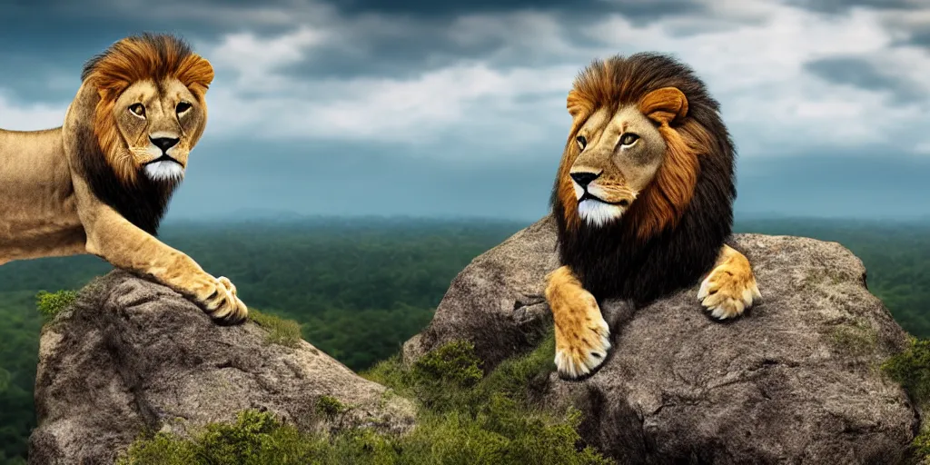 Image similar to hyperrealistic photo of a lion roaring on top of a rock over looking the jungle, 8 k