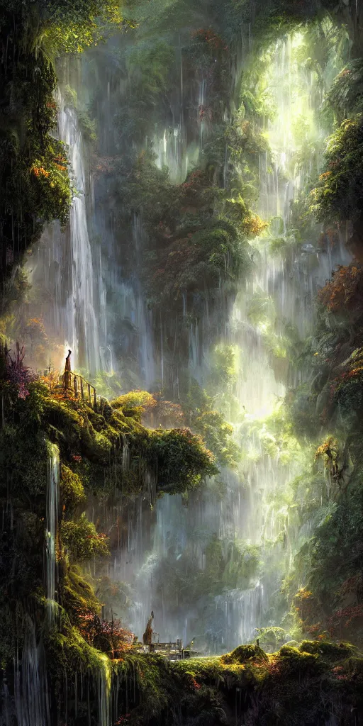 Image similar to a digital painting of a cave entrance in a mystical forest with waterfalls and vines hanging from trees, fireflies glowing in various colors, desaturated, a detailed matte painting by stephan martiniere, cgsociety, fantasy art, matte painting, concept art, fractalism, night