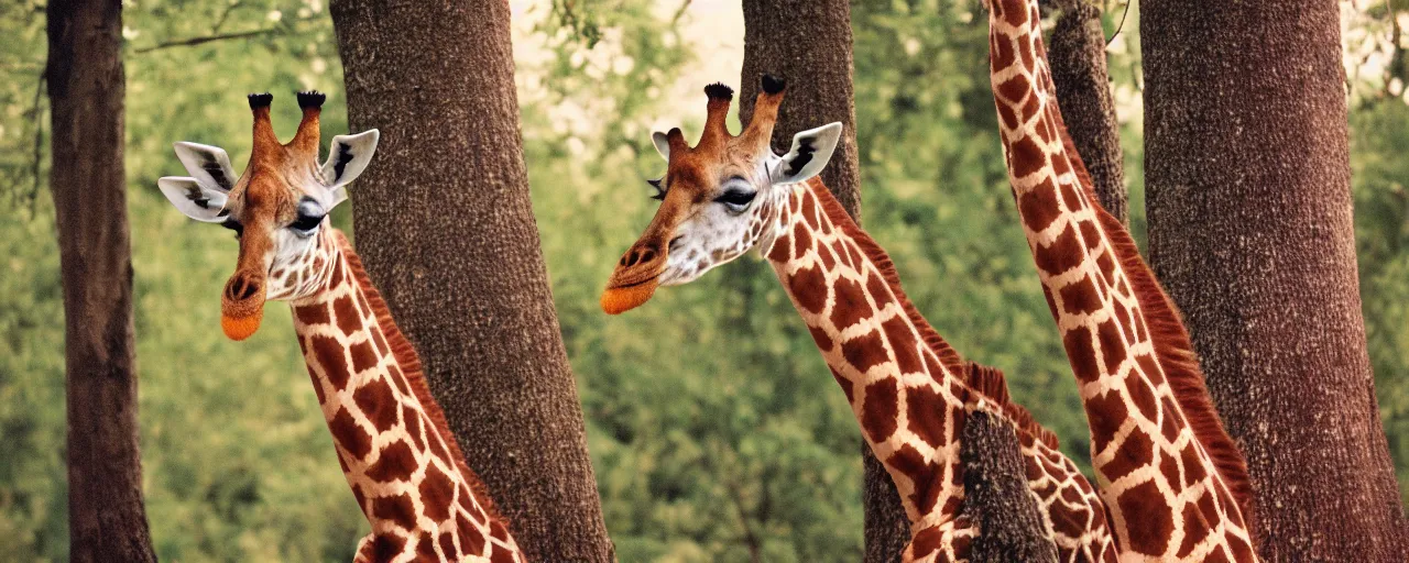 Image similar to a giraffe ( only 1 ) eating spaghetti off a tree, in the style of national geographic, canon 5 0 mm, kodachrome, retro, muted, visual noise